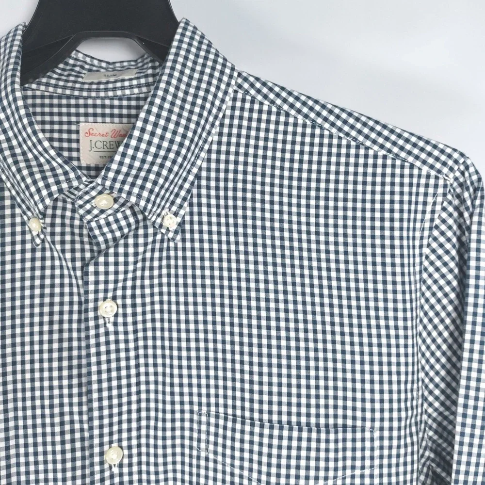 J.Crew Secret Wash Shirt Mens Medium Slim Black Check Organic Cotton Long Sleeve